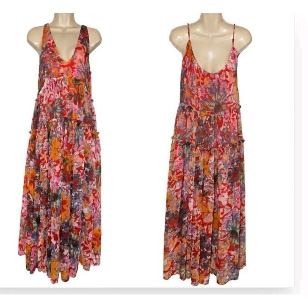 Free People XS Juliana Tiered Floral Art To Wear Chiffon Sleeveless Maxi Dress - Picture 2 of 6